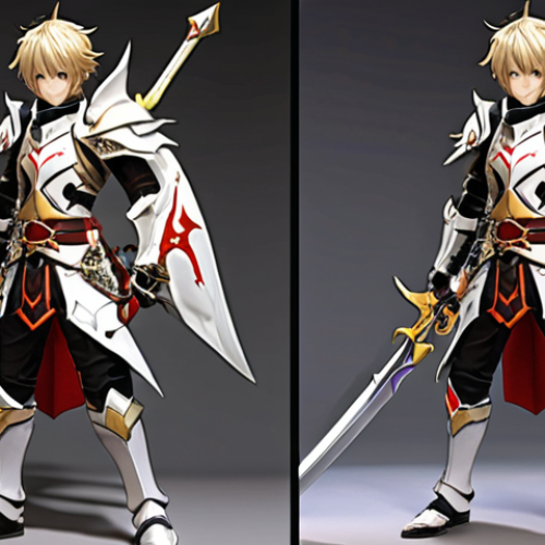 Home 6 **Prompt:** An Elsword character, fully equipped with an upgraded Dragon Slayer Sword, Holy Knight Armor, Ring of Power, and Stamina Belt, in a dynamic battle pose.