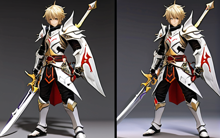**Prompt:** An Elsword character, fully equipped with an upgraded Dragon Slayer Sword, Holy Knight Armor, Ring of Power, and Stamina Belt, in a dynamic battle pose.